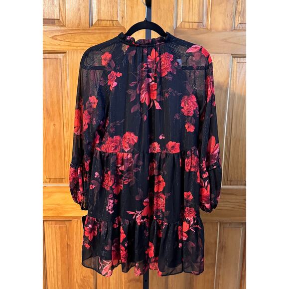 MSK Petite Black Red Floral Tiered Dress Long Sleeve Size PS Mini - Picture 4 of 7